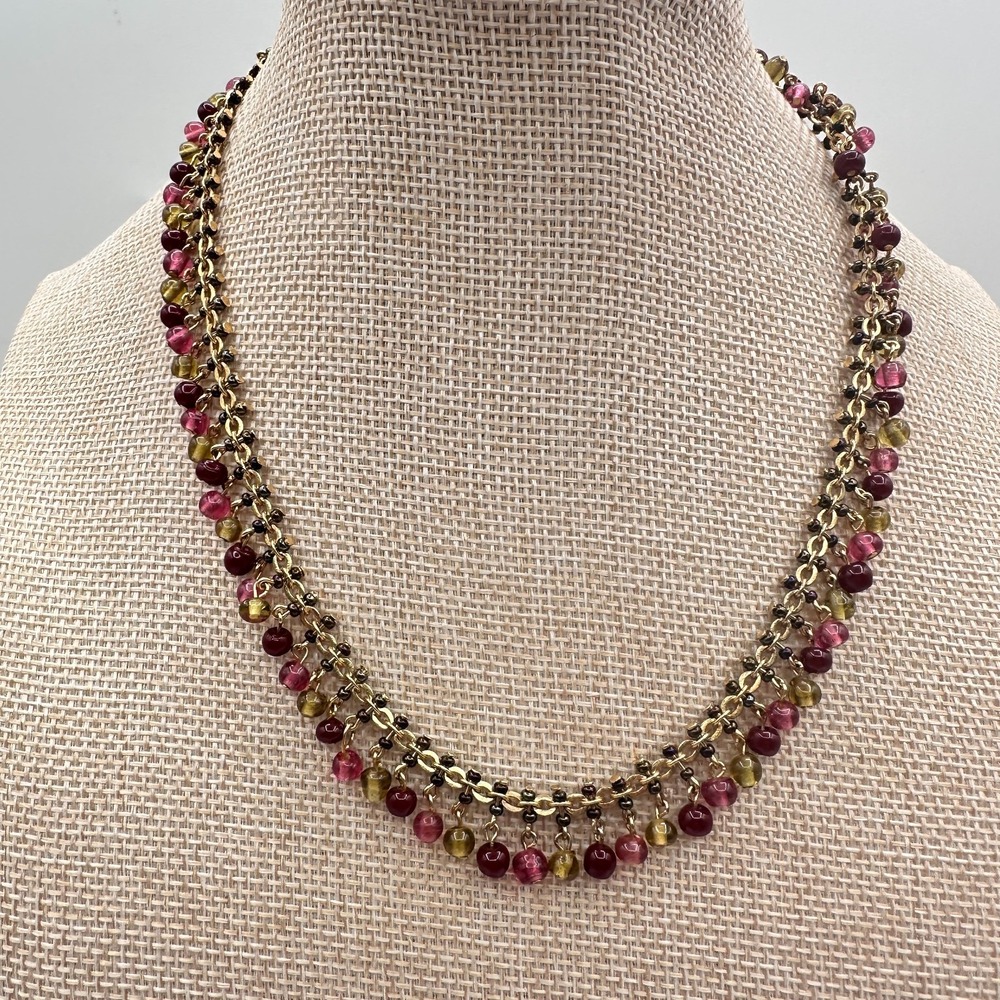 Vintage 80s Express Glass Beaded Necklace Gold Tone Boho Women's Classic Jewelry